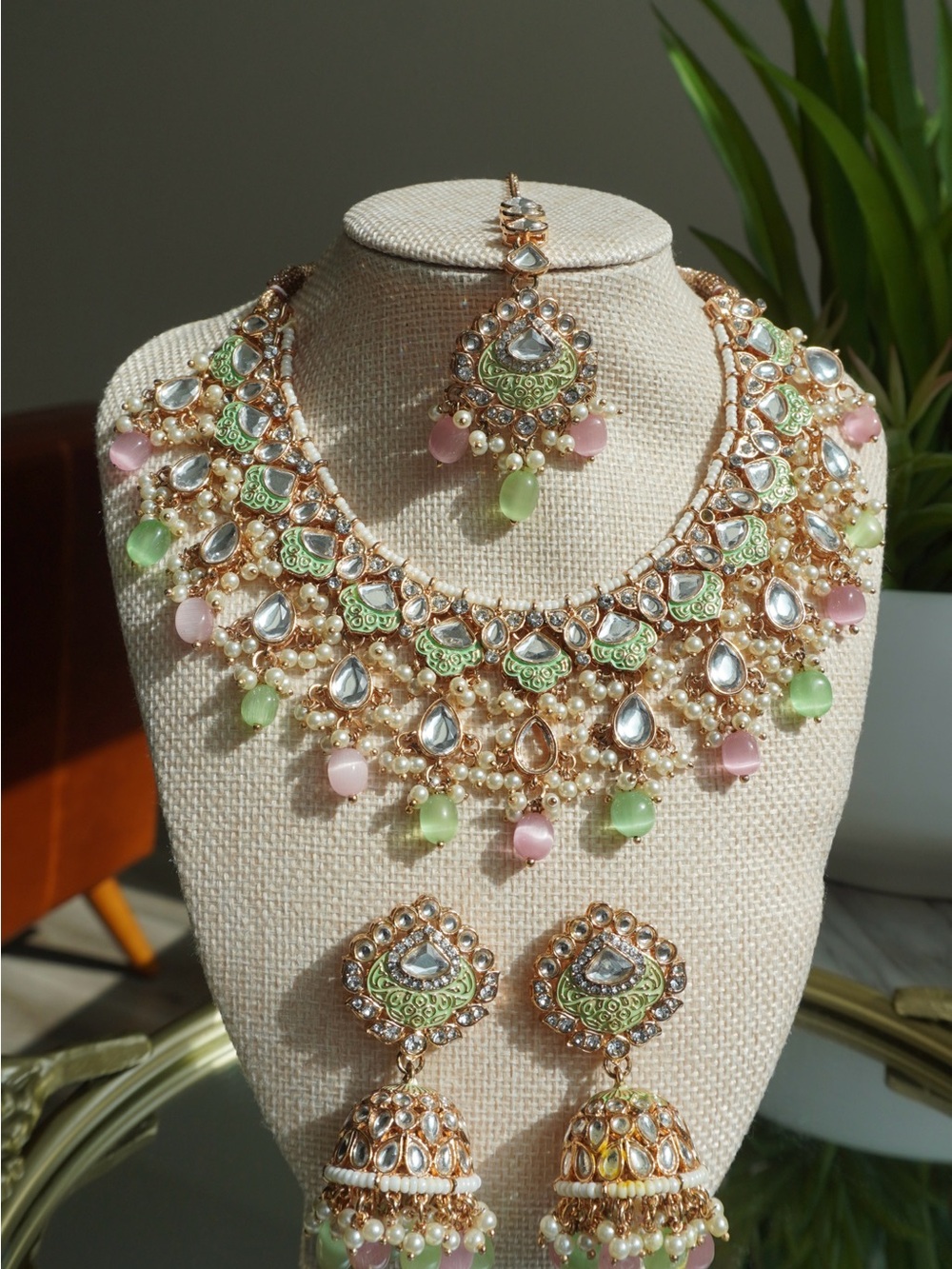 Gold-Tone Pastel Kundan Necklace Set with Earrings and Maang Tikka